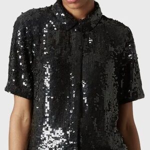 Topshop black sequin button up short sleeved shirt